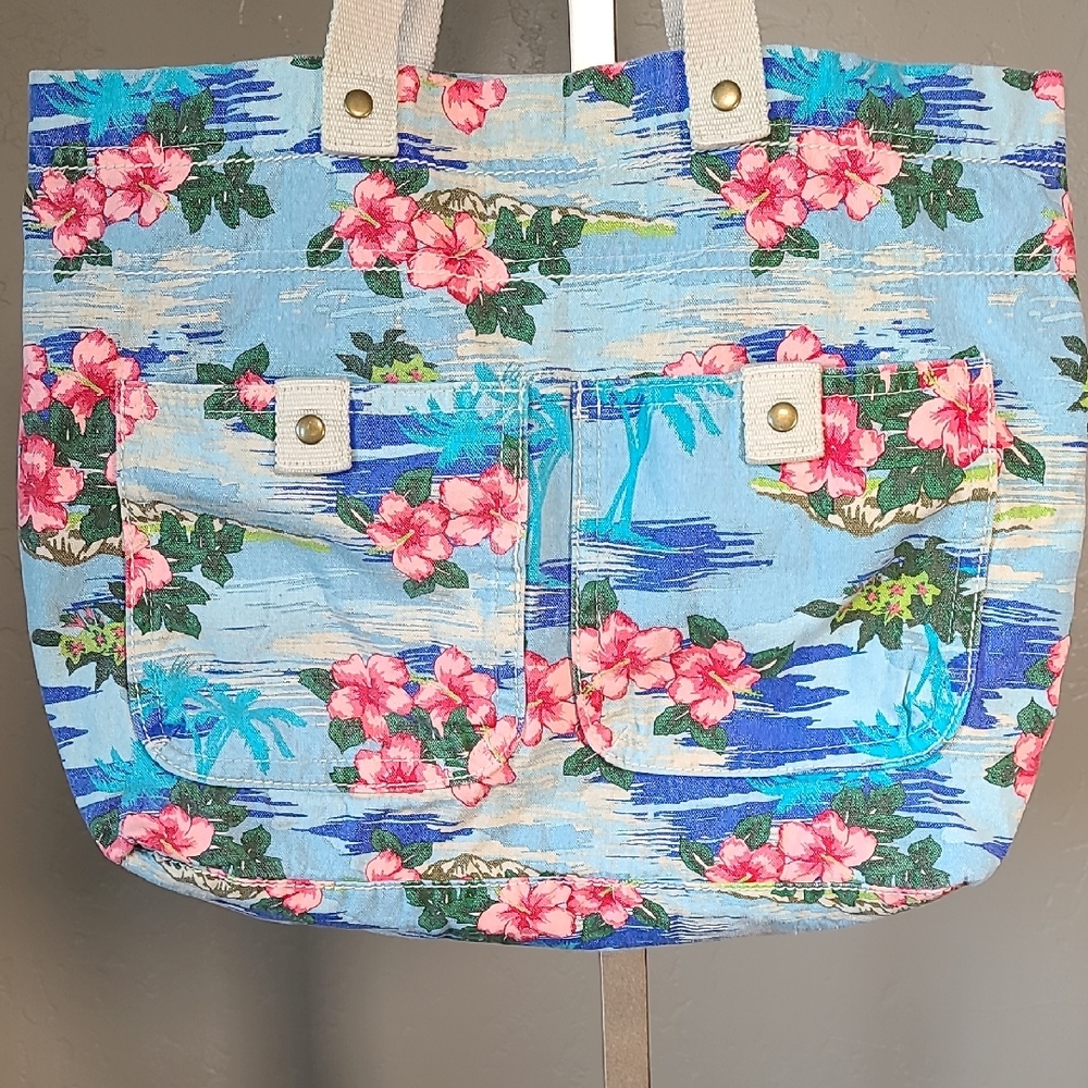 Mossimo Supply Co. 2011 Blue Floral Hawaiian Tropical Beach Tote 100% Cotton